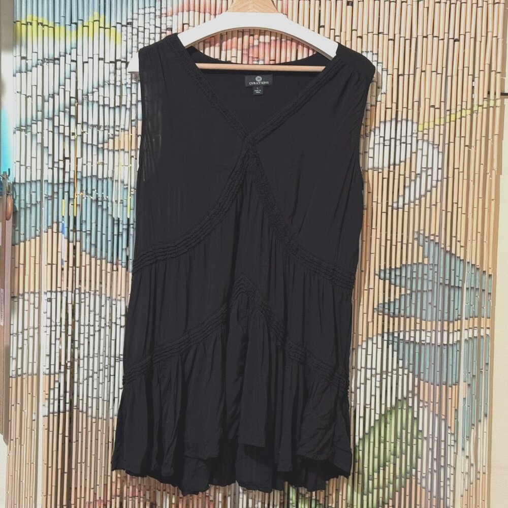 CURATIONS Sleeveless Tiered Surplice Viscose Tunic Blouse, Black, Large